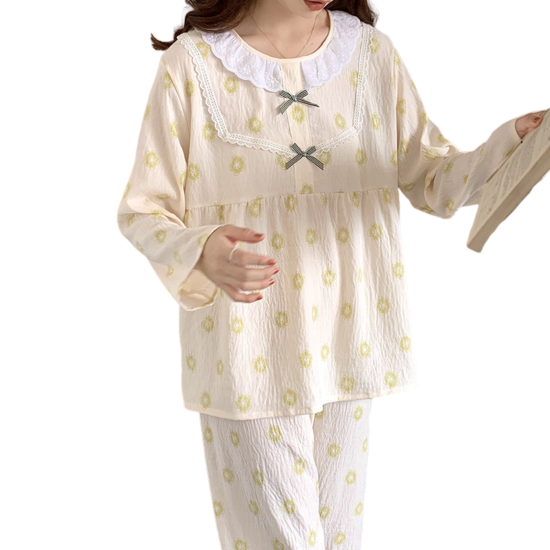 Chemise de nuit en coton à col rond pour femmes, vêtements de maison, chemise de nuit nuage mince, pyjama à manches longues, vêtements de salon, ensemble de 2 pièces, bordure en dentelle