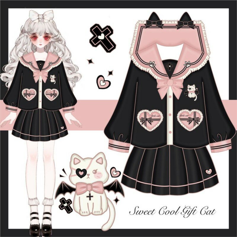 Katzen druck JK Seemann passt japanische Harajuku Schuluniformen für Mädchen neue Set Falten rock Frauen Kawaii Fuku Anime Cos Kostüme