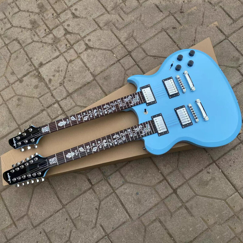Acepro w kolorze niebieskim dwuszyjna gitara elektryczna, 6 strunowa gitara Guitarra + 12 strunowa Combo, chromowany sprzęt