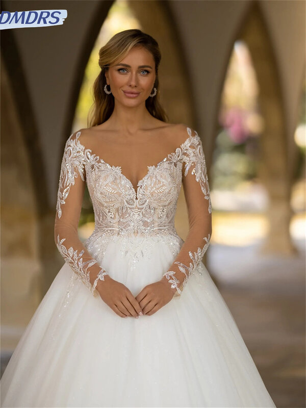 Charming V-neck Evening Dress 2024 Elegant A-line Prom Gown Charming long-sleeved Evening Gowns Vestidos De Novia