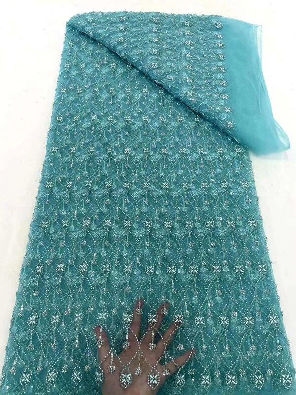 Tela de encaje africano con cuentas, tejido de encaje nigeriano bordado con lentejuelas 2024, tul francés de alta calidad para vestido de novia