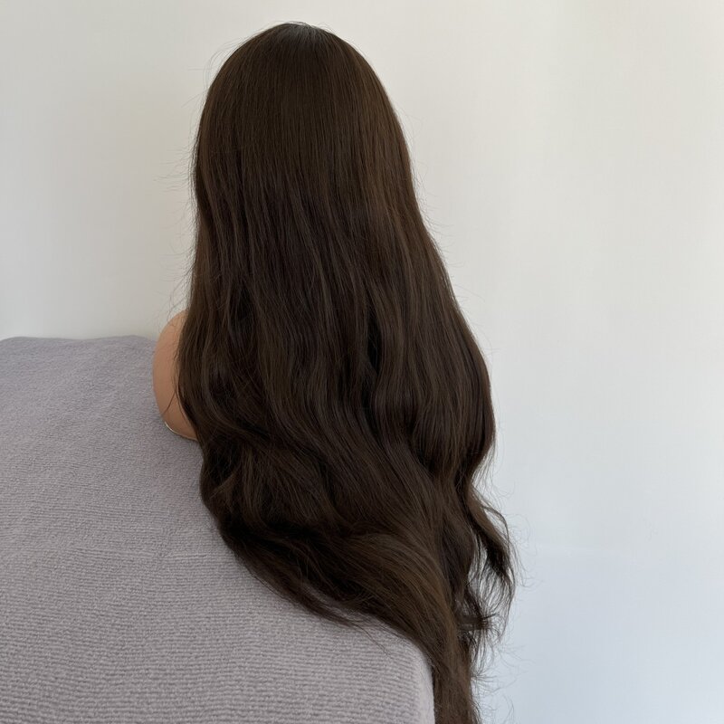 Cosplay rambut sintetik Mode panjang cokelat gelap wig depan renda t-part untuk wanita