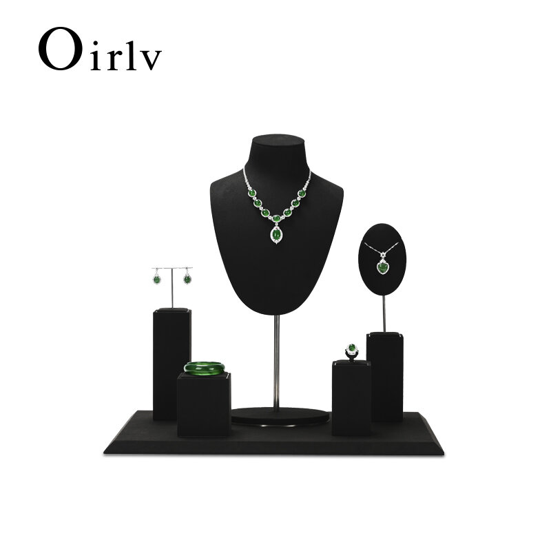 Oirlv-Preto Microfibra Jóias Set Display, Metal Gabinete Jóias para Colar Display, Bangle Brincos Bangle, Loja Exposição