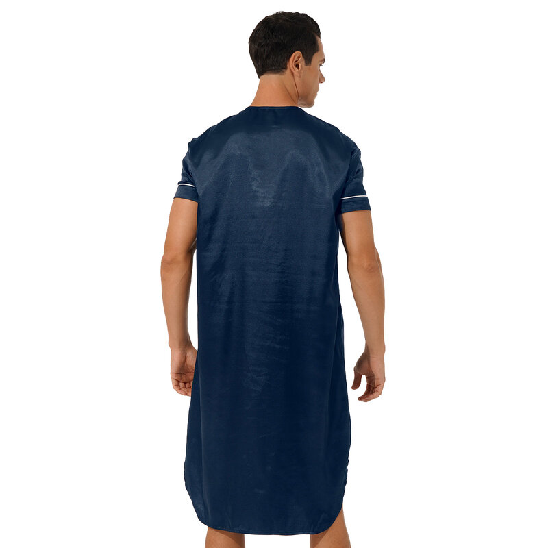 Mens Sleepwear Nightgowns Short Sleeve Satin Nightshirt Button Curved Hemline Pullover Nightwear Sleepwear Robe with Pocket