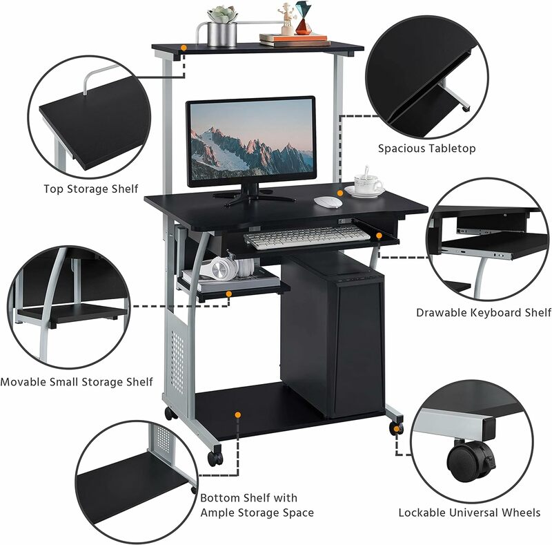 Topeakmart-Mesa do computador com Prateleira de Impressora e Bandeja Teclado, Home Office Desk, Workstation, Rolling Study, 3 Camadas