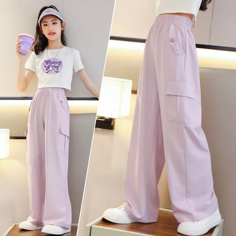 Kids Pants for Girls' Wide-leg Children's Ice Silk Overalls 2024 New Anti-mosquito Pants Sports Style Clothing To Wear Outside