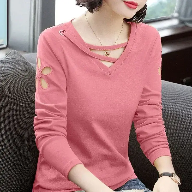 Fashion Elegant V-Neck Lace Up Hollow Out T-Shirt Women's Clothing Spring Casual Pullovers Loose All-match underwear
