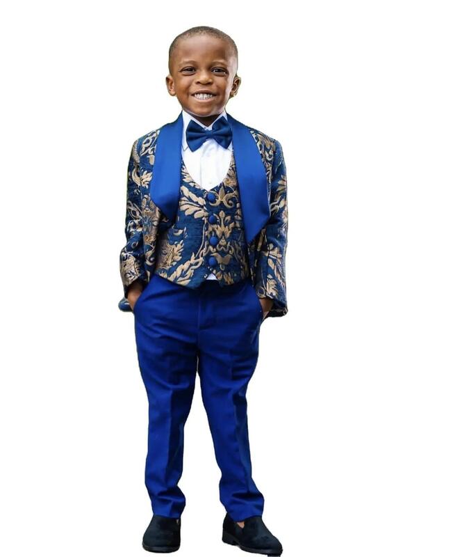 Navy Floral Pattern Boy Suits Dinner Tuxedos Little Kids For Wedding Party Prom Birthday Wear 3 Pieces Jacket Pants Vest