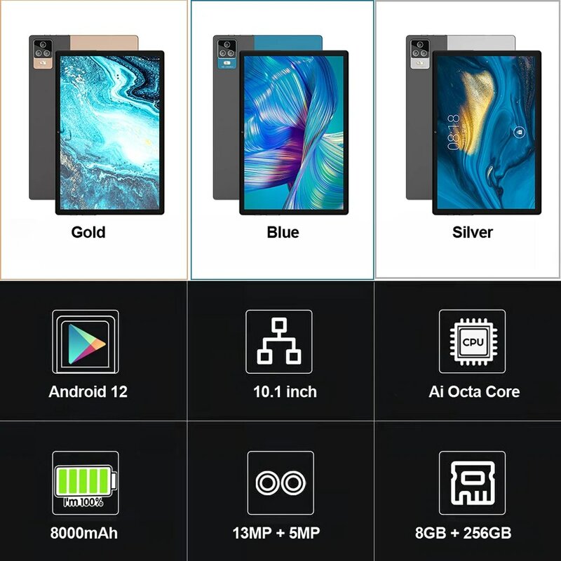 Android 12 Tablet PC, Chamada Telefônica, Dual GPS, Bluetooth, WiFi, Google, 10.1 Polegada, 4G LTE, 8GB RAM, 256GB ROM, Novo, 2024, 2020