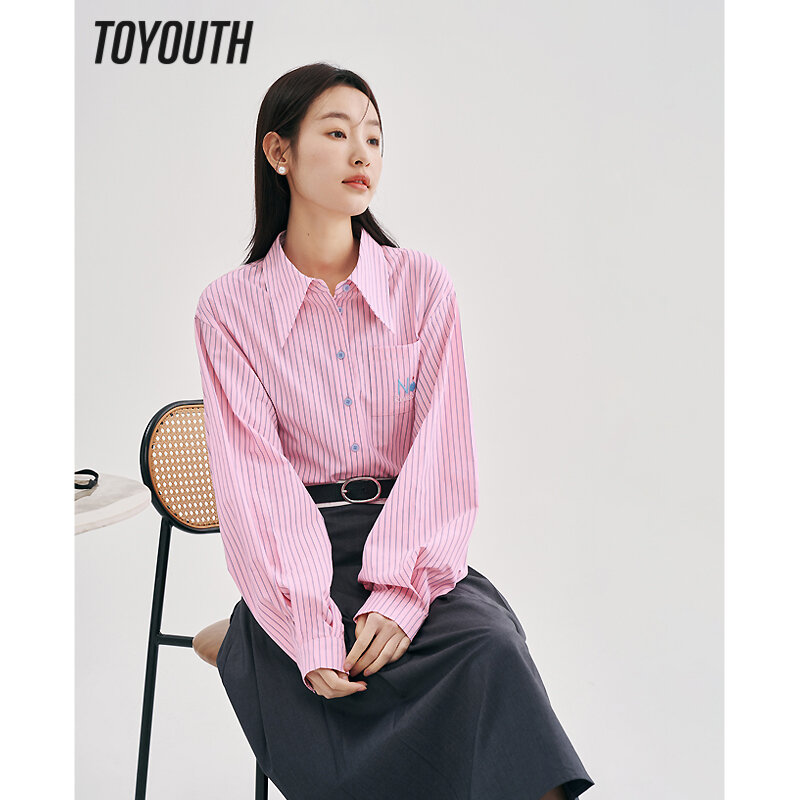 Toyouth-스트라이프 셔츠 긴 소매 폴로 넥 루즈핏 블라우스 여성용, 글씨 자수, 세련된 캐주얼 상의, 2023 봄 상품