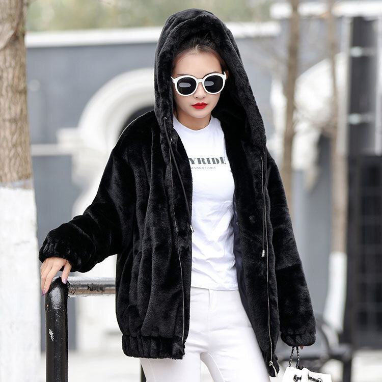 Mantel rambut kelinci imitasi bertudung hangat Plus beludru musim dingin M-4xl jaket bulu palsu Midi ritsleting longgar model Korea untuk wanita