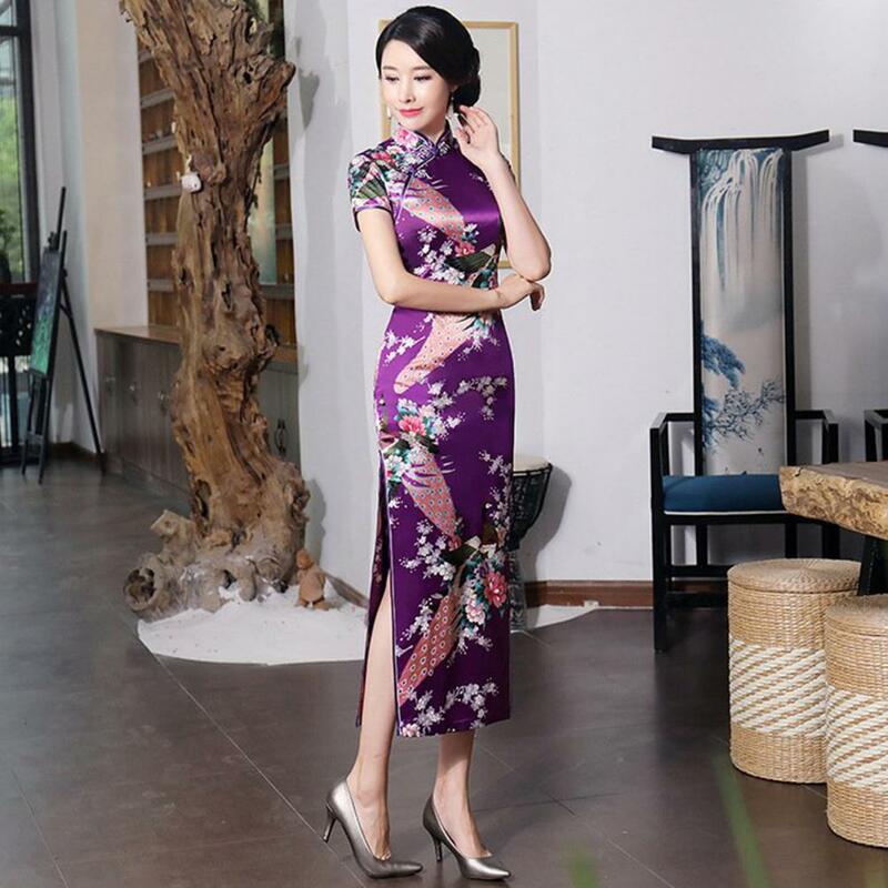 女性の中国のスタンドカラーフローラル刺繍ハイスリットチョンサム、エレガントなqiPaoドレス、バンケットドレス、ヴィンテージ