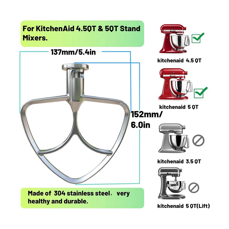 Stainless Steel Flat Beater for KitchenAid 4.5-5QT Stand Mixers Accessories Replacement, No Coating, Dishwasher Safe