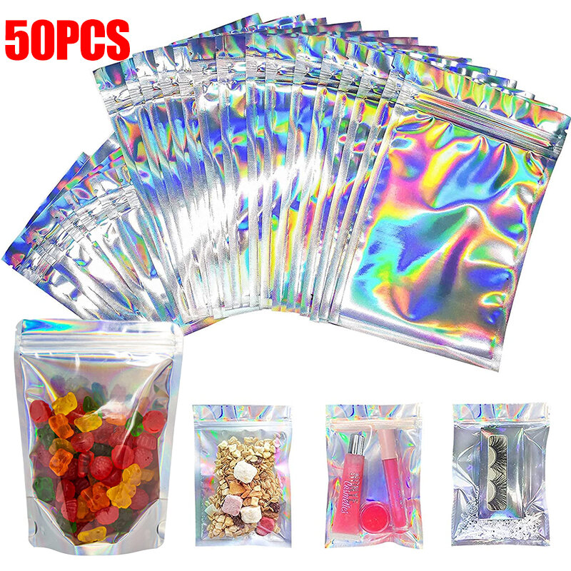10-50pcs Laser Rainbow Storage Bags Waterproof Lock Bag for Jewelry Gift Food Packing Bags Home Kitchen Organizer Makeup Holders