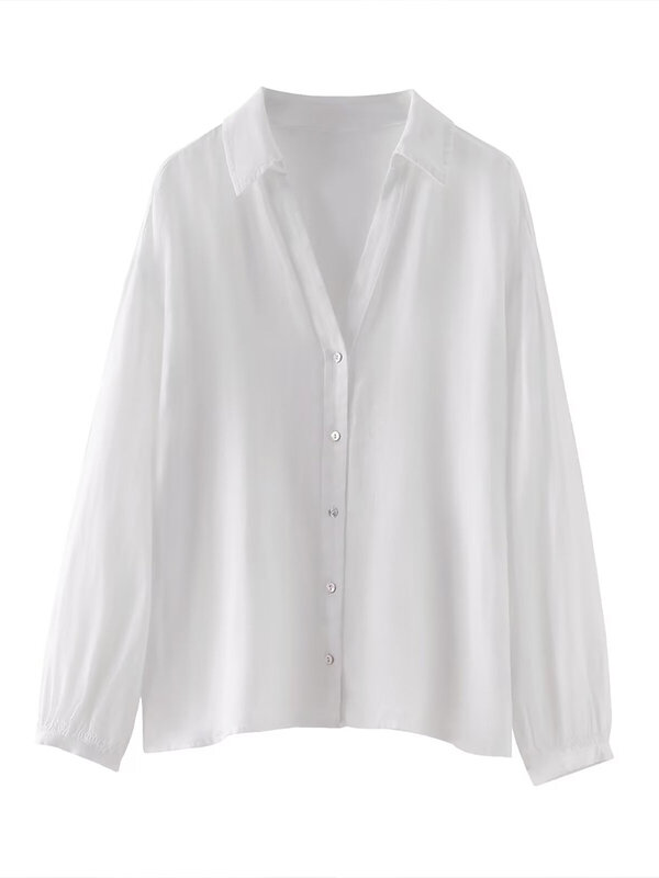 قميص نسائي فضفاض بياقة بولو طويلة ، قميص صيفي جديد أنيق كلاسيكي أنيق أنيق ، أصفاد بيضاء مرنة