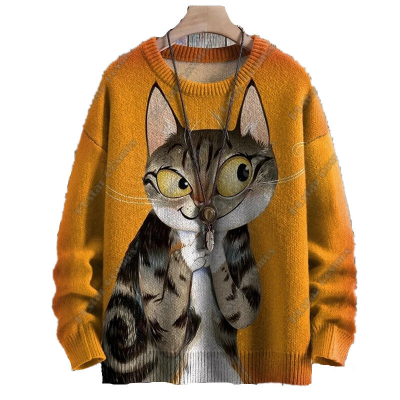 Sweter uniseks kasual musim dingin Sweater jelek gambar cetak seni kucing lucu Vintage cetak 3D seri hewan mode 002