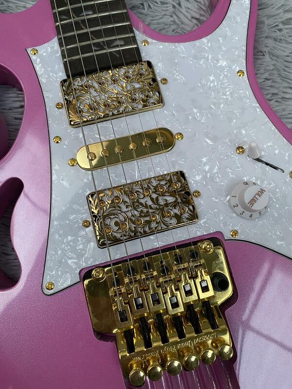High-quality electric guitar, pink lacquer, pickup carved design, fretboard rose inlay, free shipping in stock