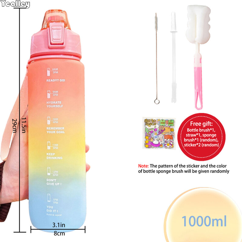 YCALLEY Sports Water Bottle 1000ML Girl Bounce 1l Dustproof Interval Squeeze Straw Lid Timestamped Drinking Outdoor 1 Liter