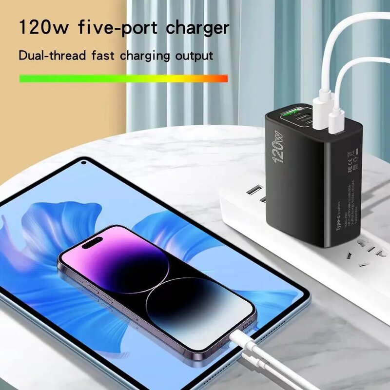 5 Ports USB C PD Charger Fast Charging PD Quick Charge 3.0 USB C Phone Charger Adapter For iPhone 15 14 13 Xiaomi Samsung