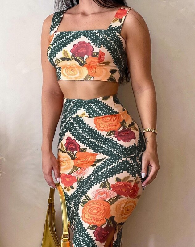 Women's Temperament Suits 2024 Summer Latest Vintage Sexy Floral Print Square Neck Sleeveless Crop Top & Slit Vacation Skirt Set