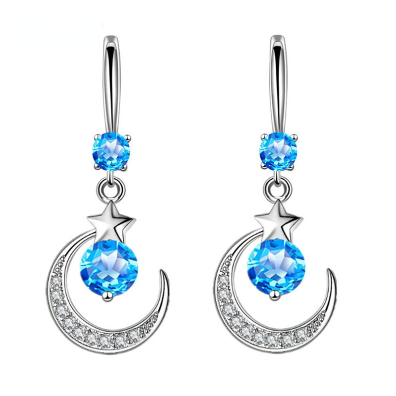 925 Sterling Silver nowych kobiet moda biżuteria kryształ wysokiej jakości cyrkon gwiazda księżyc długi Tassel kropla wody hak kolczyki