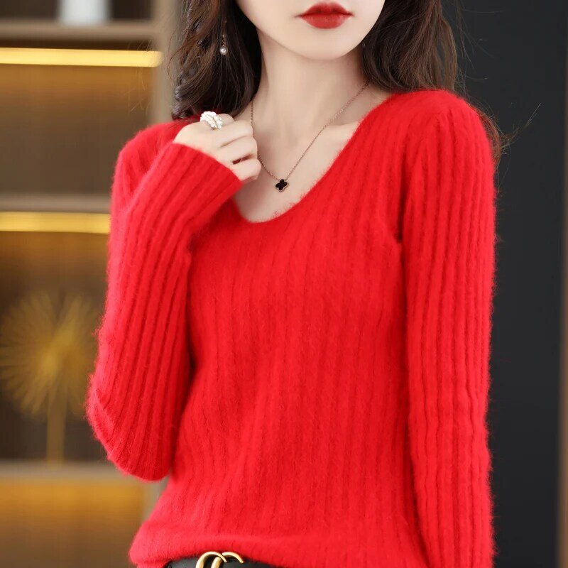 Mink decote em v camisola malhas femininas outono/inverno novo estilo pit stripe cor sólida moda versátil undercoat versão coreana