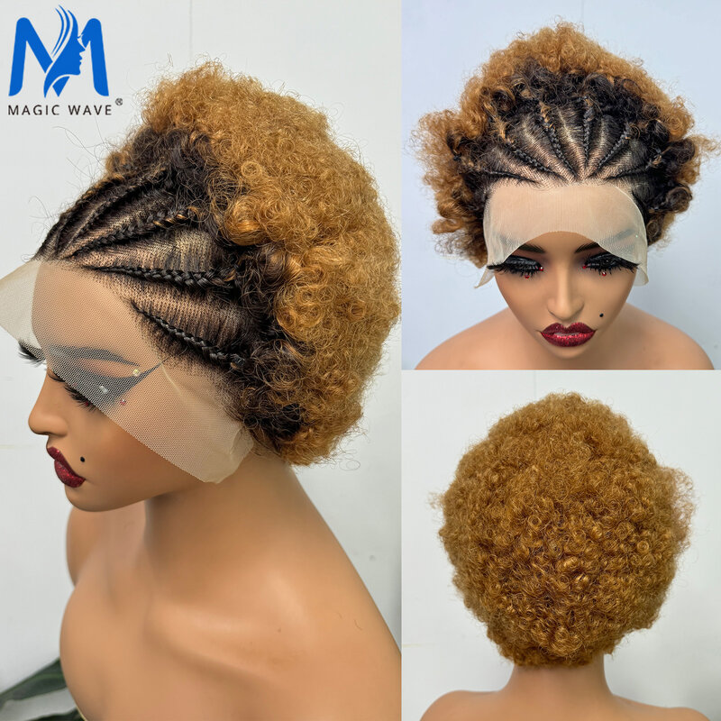 Afro Curly Human Hair Wigs with Braids for Black Women 6 Inch Bouncy Curly Wig 13x4 Lace Frontal 100% Brazilian Remy Hair