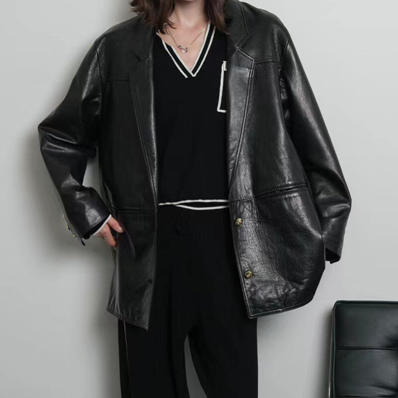 Vintage schwarze Jacke für Frauen neue High Sense lose übergroße Leder anzug Blazer weibliche Freizeit mantel Streetwear