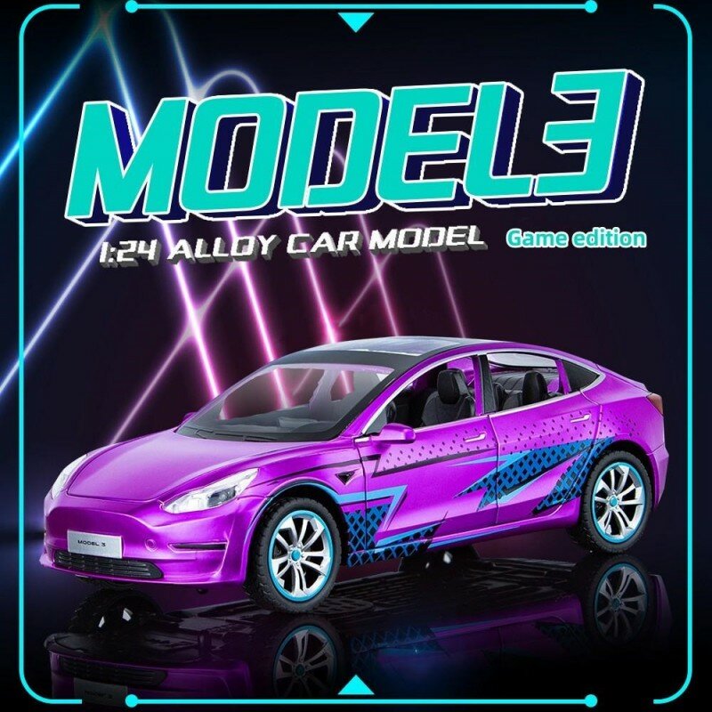 1:24 Game Edition Tesla model 3 High Simulation Diecast Metal Alloy Model Car Sound Light Pull Back Collection Kids Toy Gifts