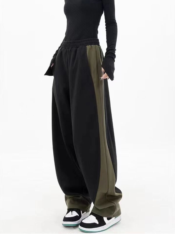 Y2K spodnie dresowe damskie wysokiej talii Patchwork luźna szeroka spodnie nogi Casual wiosenna koreański mody Streetwear spodnie w stylu Vintage 2023