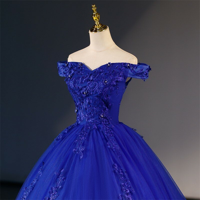 Vestido de festa luxuoso fora do ombro, vestidos quinceanera azuis, elegante vestido de baile, vestido de baile clássico com renda plus size, verão, novo
