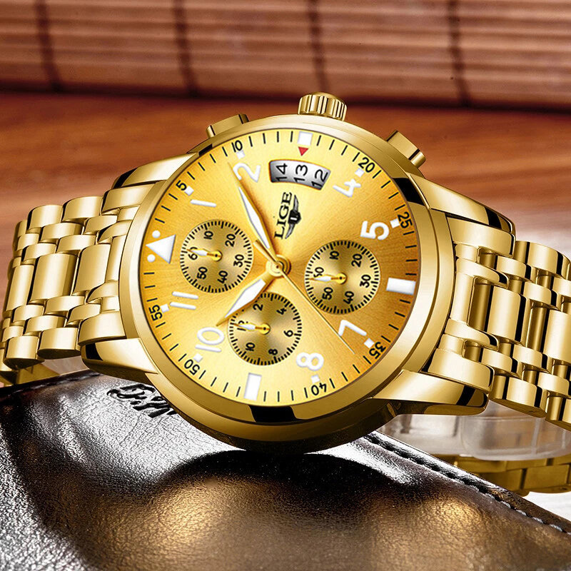 Часы наручные LIGE Мужские кварцевые, роскошные брендовые водонепроницаемые спортивные с большим циферблатом, с хронографом