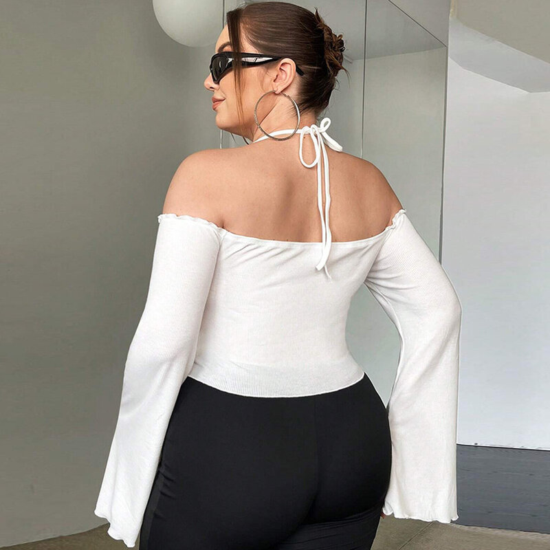 Plus Size Women Blouse Sexy Strapless Flare Long Sleeve Top 2023 Autumn New Fashion Casual Large Female Solid Color Camisole Top