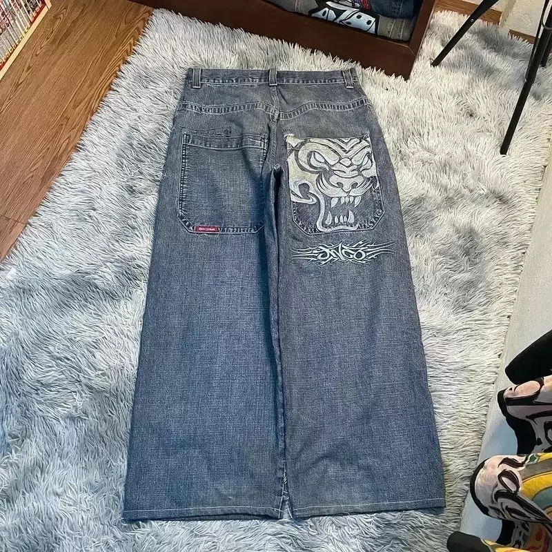 Patchwork Brief Geborduurde Jeans Heren Goth Harajuku Mode Wijde Pijpen Y 2K Retro Casual Broek American High Street