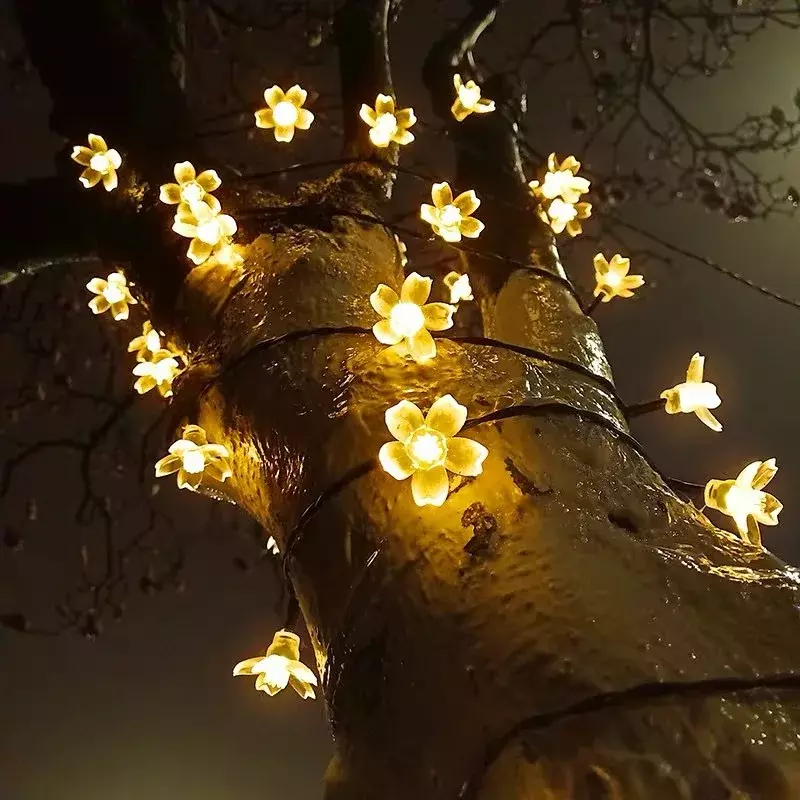 Solar LED String Lights com flor de pêssego, decoração exterior impermeável, guirlanda Fariy Lights, Natal, festa de casamento, jardim, 5-12m