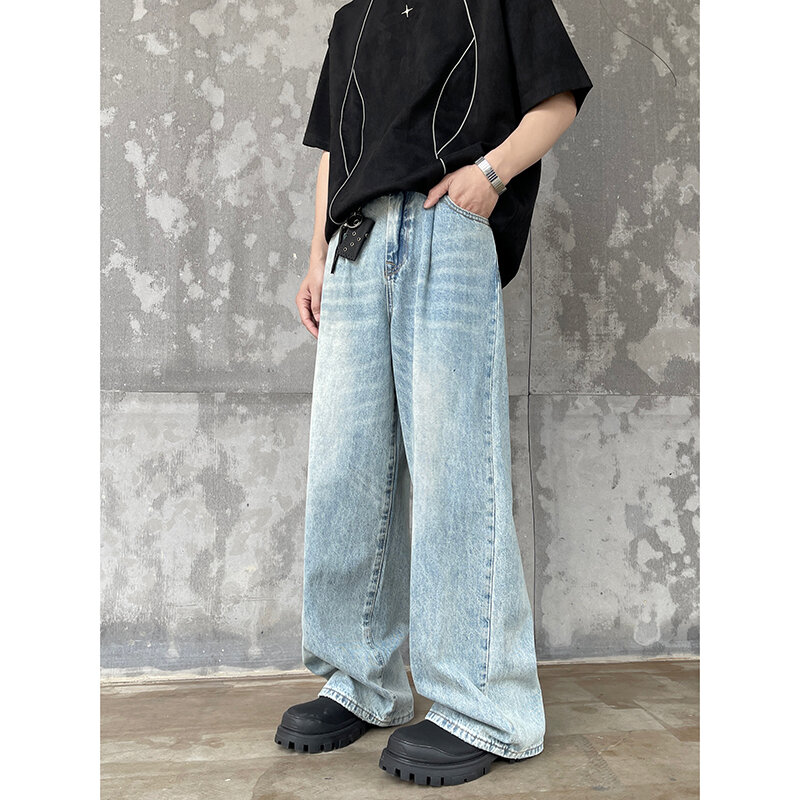 Jeans retro kaki lurus longgar baru, jeans retro kaki lurus longgar untuk musim panas 2024baru 2024
