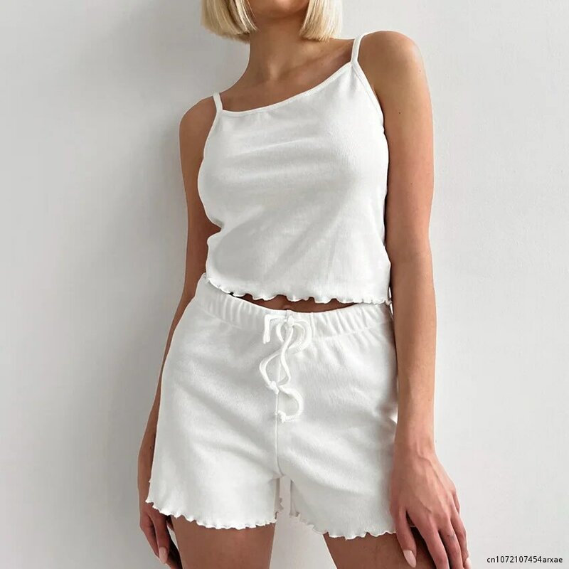 Sexy Summer Pajamas Women Spaghetti Strap Sleeveless Sleepwear Two Pieces Shorts Set Home Suit Outfit 2023 Female Night Wear