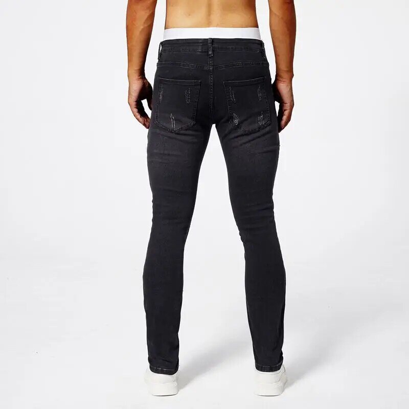 2024 New perforated patch men jeans designer elastic slim fit straight tube high quality casual elastic cotton bike denim pants