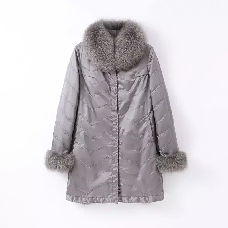 Jaket Mantel Bulu Rubah Panjang Musim Dingin Wanita Jaket Dua Sisi Hangat Baru CT262