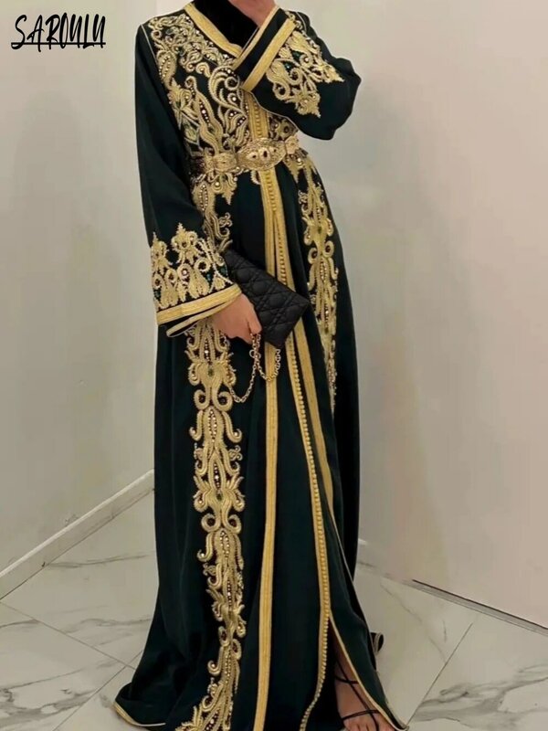Gaun malam A-line Maroko gaun panjang selantai Kaftan gaun panjang lantai applique mewah leher-v gaun ukuran Plus Robe De marifee