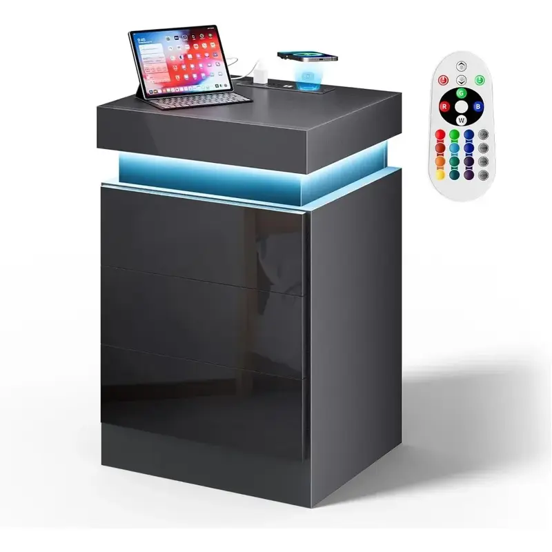 LED Bedside Table With 3 Bedroom Drawers 16-color Lights and 2 AC and 2 USB Ports Bedside Tables for the Bedroom Nightstands