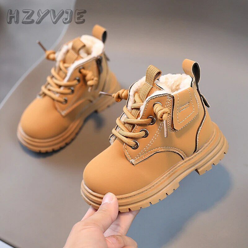 New Children's Fashion Boots Winter Thickened Boys Girls' Anti Slip Warm Leather Boots Side Zipper Solid Color Kids Casual Shoes