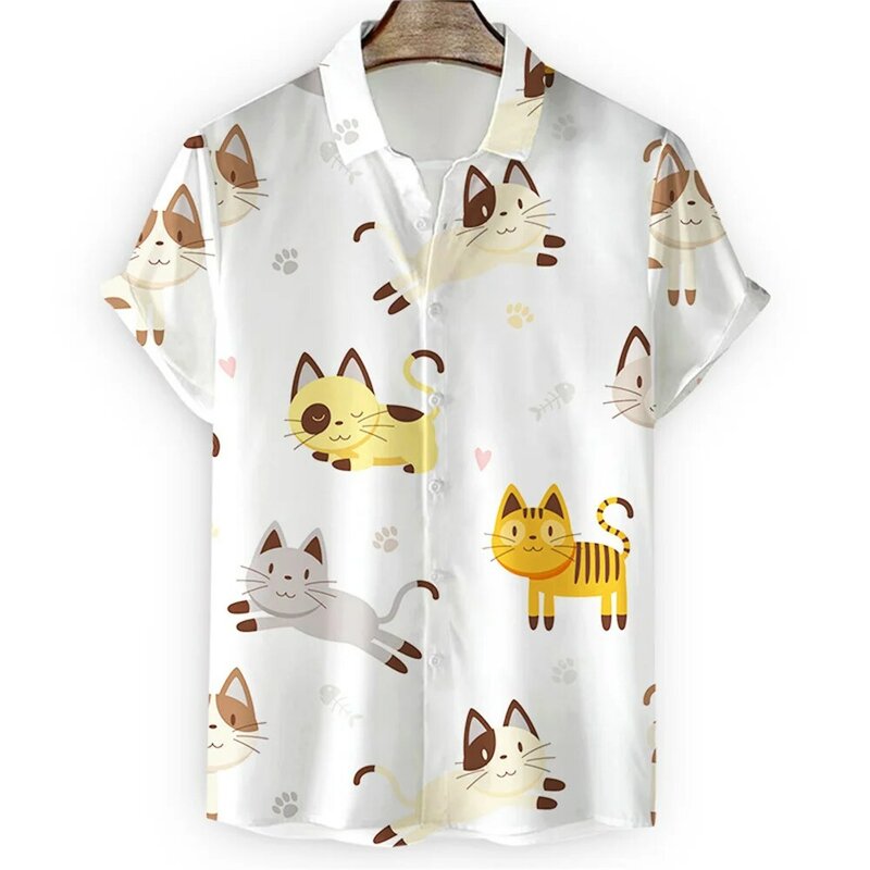Camisa de cuello Hawaiano para hombre, estampado 3D, manga corta, lindo gato, ropa Vintage, blusa Floral Harajuku