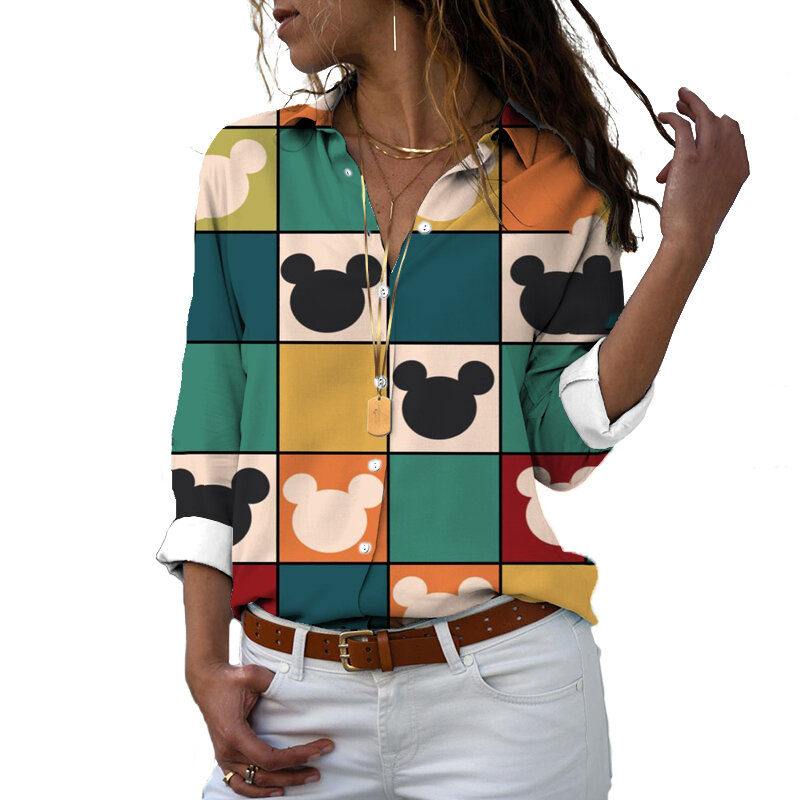 Новинка 2024, приталенная женская рубашка Harajuku с 3D принтом, на пуговицах, с длинным рукавом, с отворотом, Микки и Минни, Повседневная Милая рубашка y2k