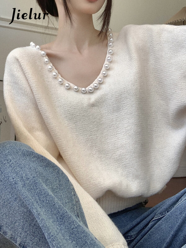 Jelur jesień nowy luźne pulowery w stylu Casual kobieta solidna słodka dzianinowe swetry kobiety białe w koreańskim stylu uliczna modne swetry damskie