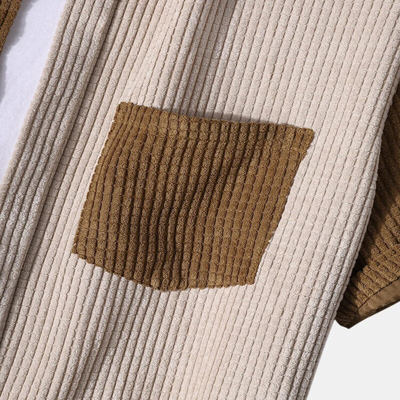 Setelan pakaian Pria Musim Panas 2024 kaus kancing leher Lapel longgar kasual set untuk pria jahitan korduroi lengan pendek 2 potong