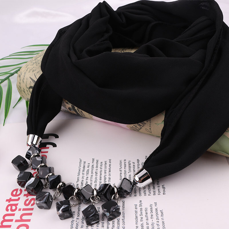 Perlen Halskette Anhänger Ring Schal Dame Chiffon festen Schal Hijabs muslimischen Kopf Schal Turban Zubehör
