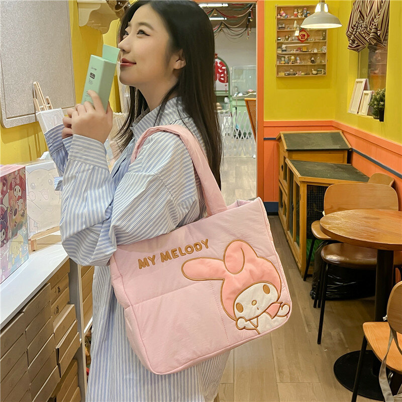 Kawaii Melody Kuromi Hello Kitty Bolsas de Ombro para Mulheres, Sacola Grande, Macia Acolchoada, Bolsa de Compras Portátil Casual