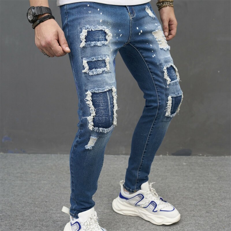 Mężczyźni Ripped Patch Skinny Jeans Męskie Casual High Street Slim Denim Spodnie Stylowe Ołówkowe Dżinsowe Spodnie Hip Hop Hole Slim Fit Jeans