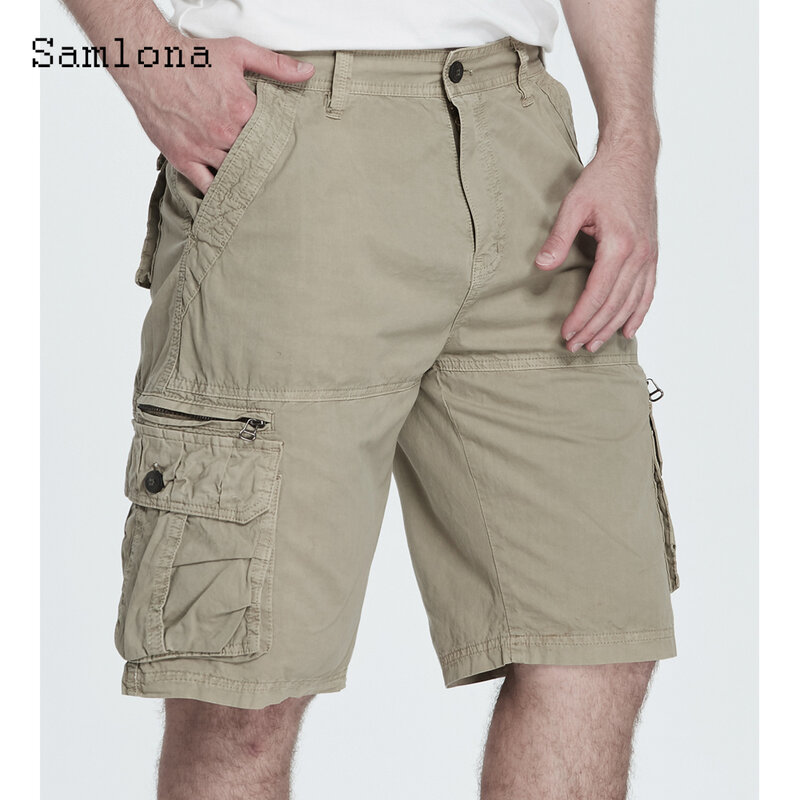 Samlona Plus Size Homens Calções de Carga Botão Voar Calças Curtas com Bolsos Novo Verão Casual Rua Meia Calças Mens Clothing 2023